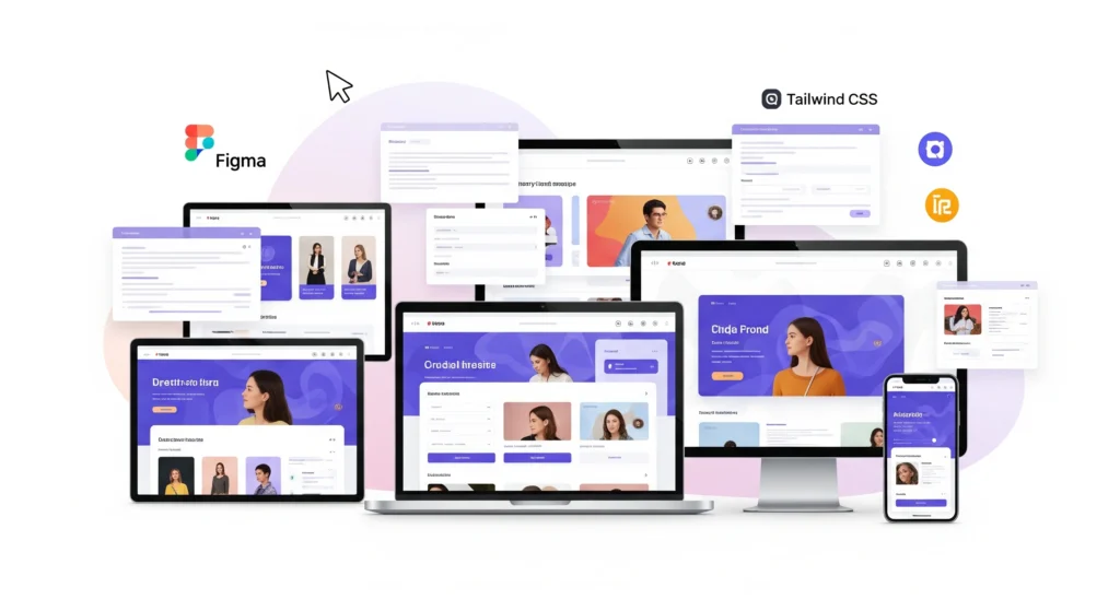 Front-end web development with colorful UI mockups and design tools.