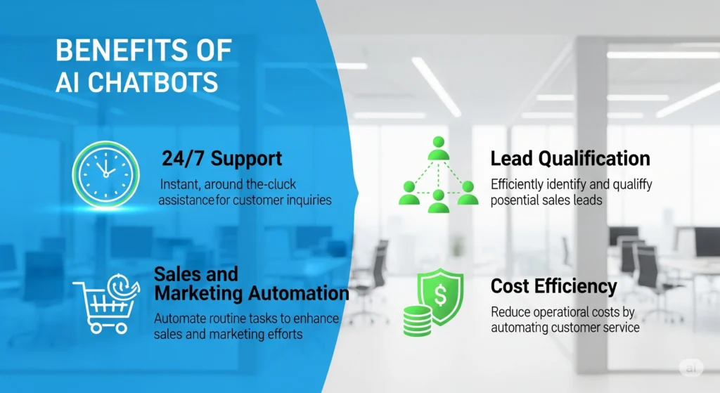 Key benefits of AI ChatBots 247 support, lead qualification, sales & marketing, cost efficiency