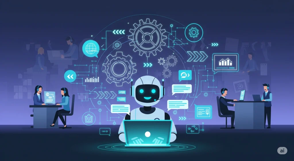 AI-powered customer support with chatbot and human agents working together.