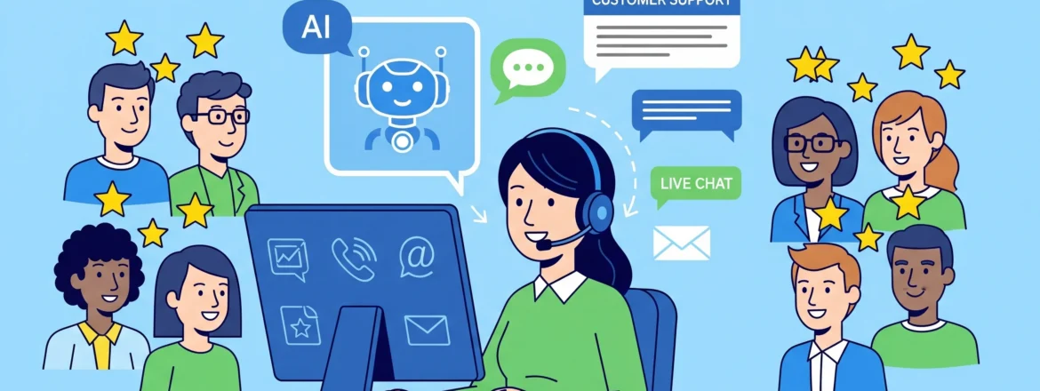 Customer support illustration with agent, chatbots, and communication channels.