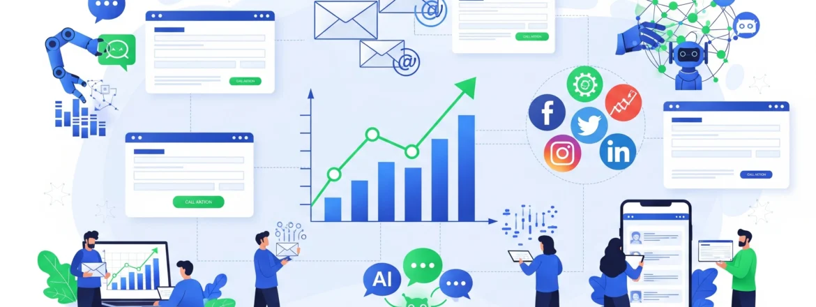 Digital illustration of lead generation strategies including AI, chatbots, social media, email marketing, and analytics in a modern 169 format.