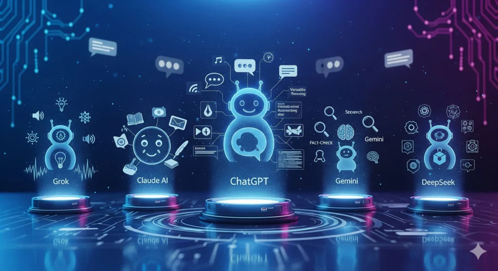 Best AI Chatbot overview in 2025 showing ChatGPT, Claude AI, Gemini, Grok, and DeepSeek with key features highlighted.
