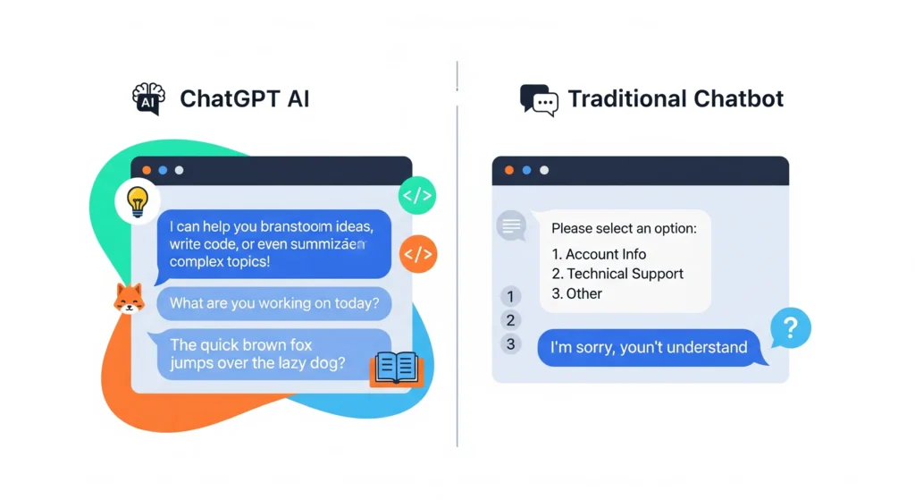 ChatGPT vs Traditional Chatbots – What is AI Chatbot comparison showing AI-powered dynamic responses versus rule-based scripted answers.