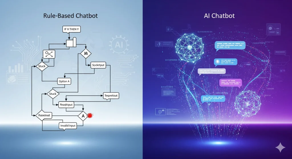 How Does AI Chatbot Work shown with a comparison of rule-based decision tree chatbot and adaptive AI-powered chatbot with learning capabilities.