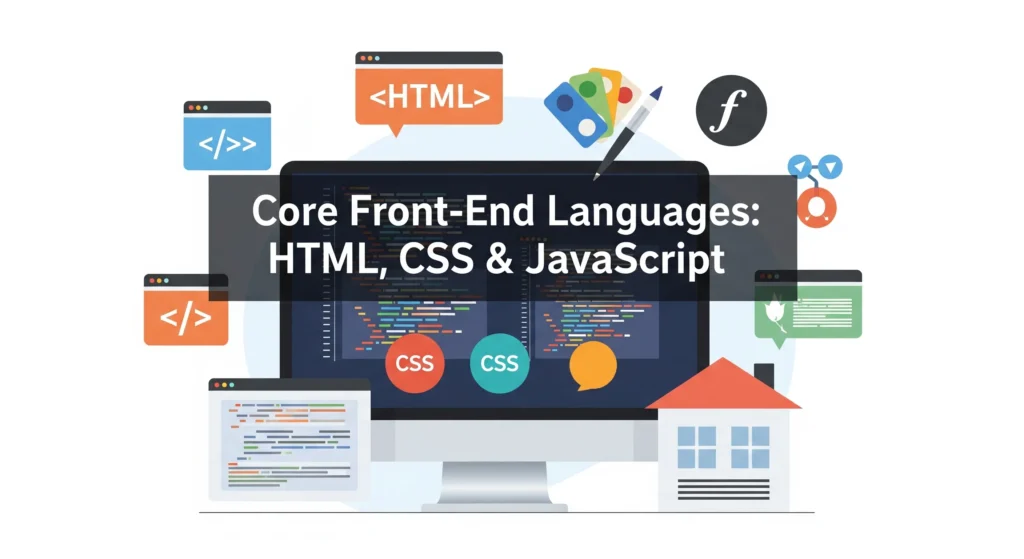 Illustration of core web development languages including HTML, CSS, and JavaScript showing the foundation of building modern websites