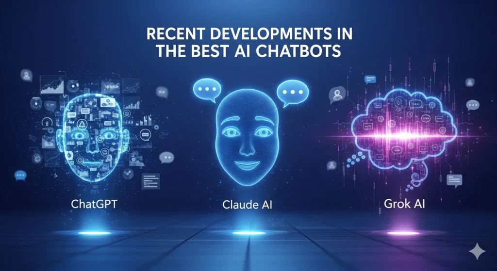 Recent developments in the best AI chatbot space showing ChatGPT, Claude AI, and Grok with advanced features.