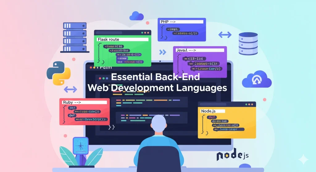 Essential back-end web development languages illustration showing Python, PHP, Java, Ruby, and Node.js for modern website development