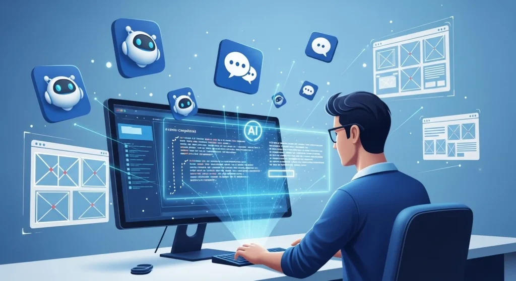 AI in web development showing a developer collaborating with AI tools for code suggestions, design layouts, and chatbots.