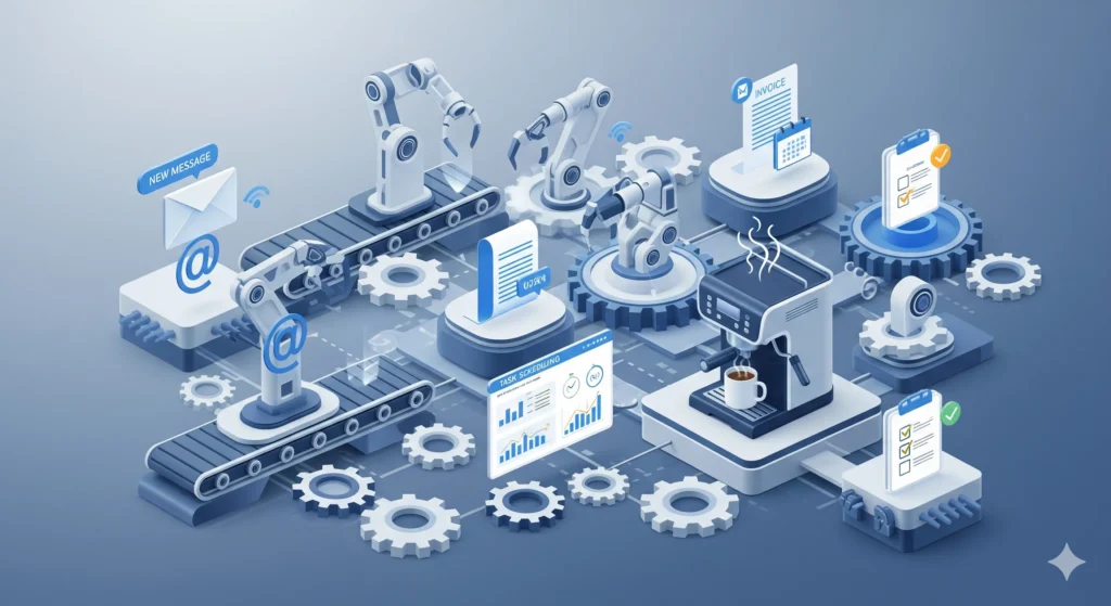 Visual representation answering What is Automation? with gears, robotic arms, and digital business tools performing repetitive tasks.