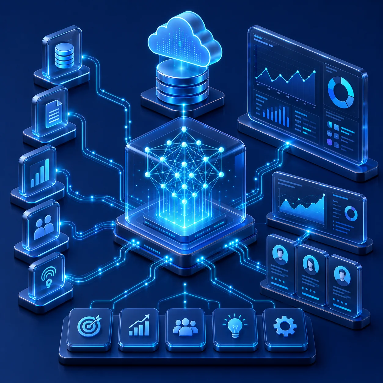 Futuristic data ecosystem with AI core