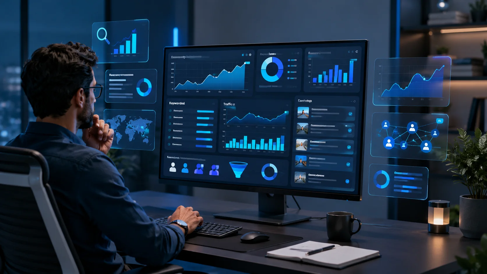 Futuristic office with data-driven ambiance