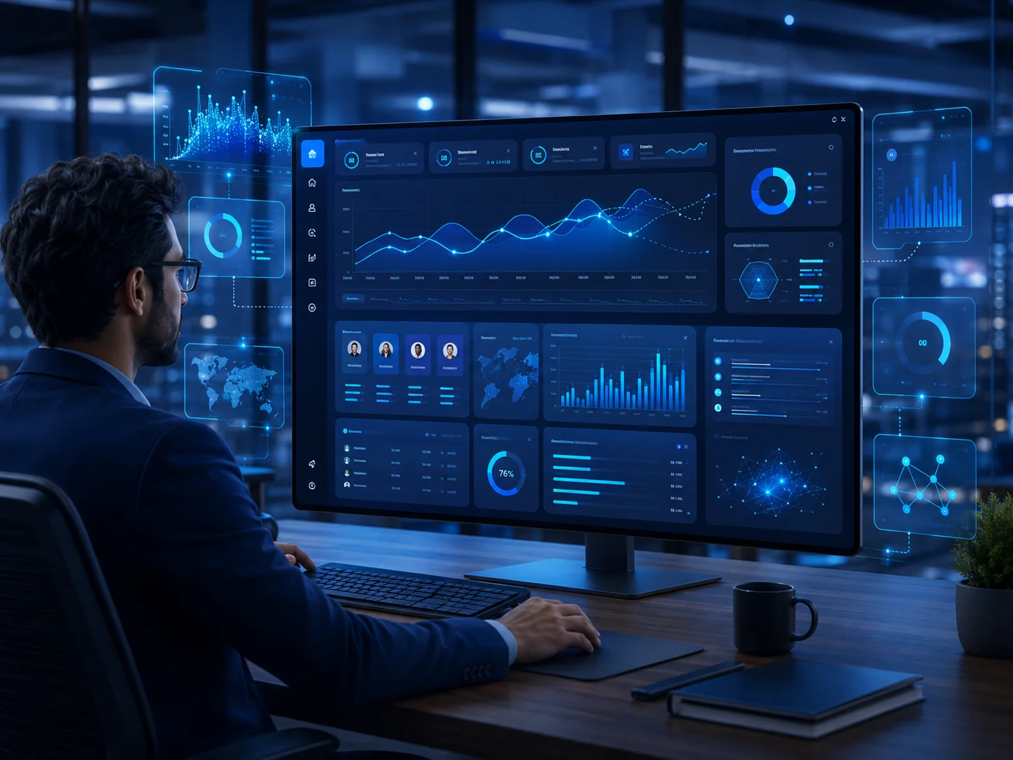 Futuristic office with holographic dashboards