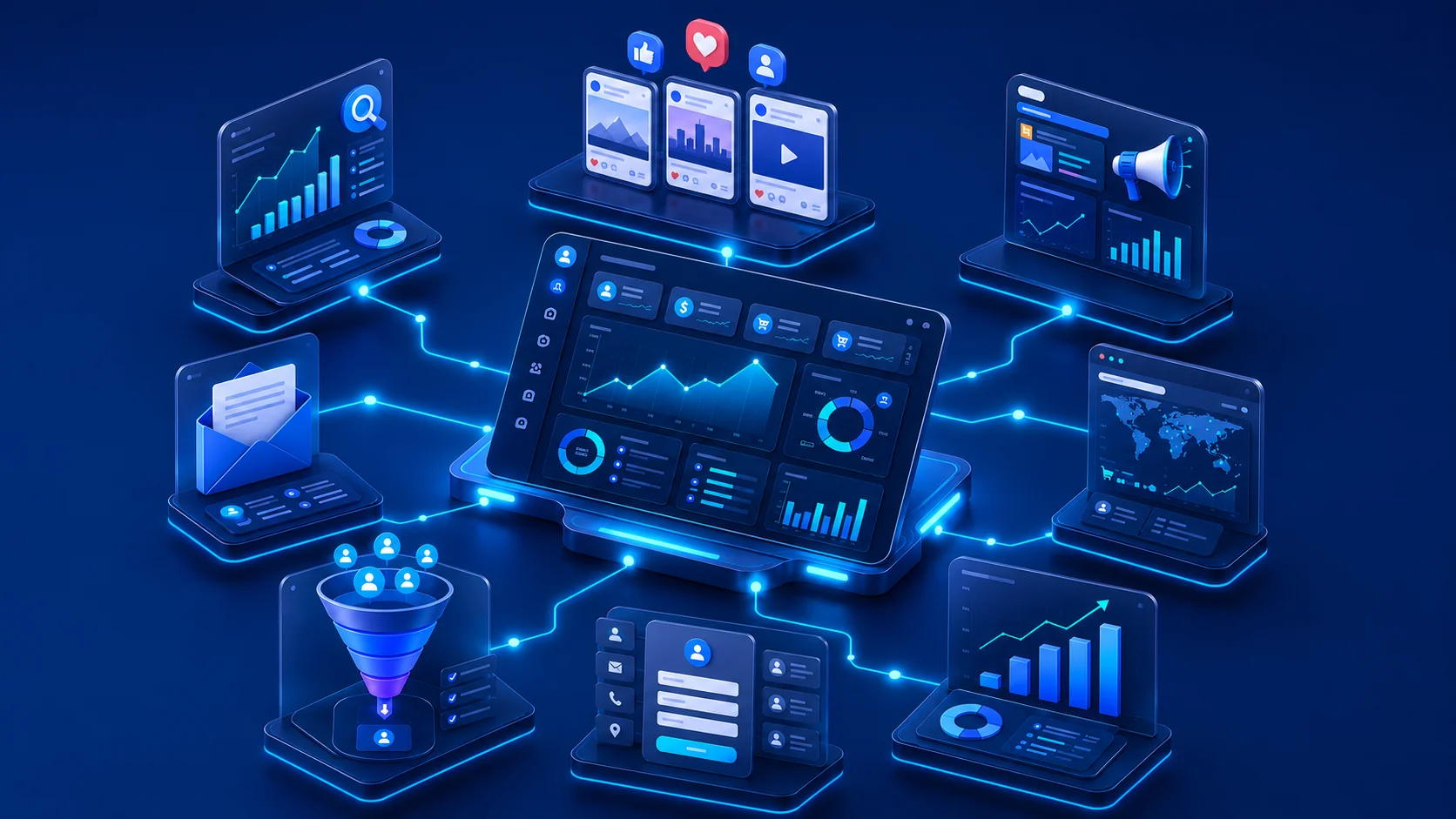 Futuristic tech dashboard with glowing UI panels