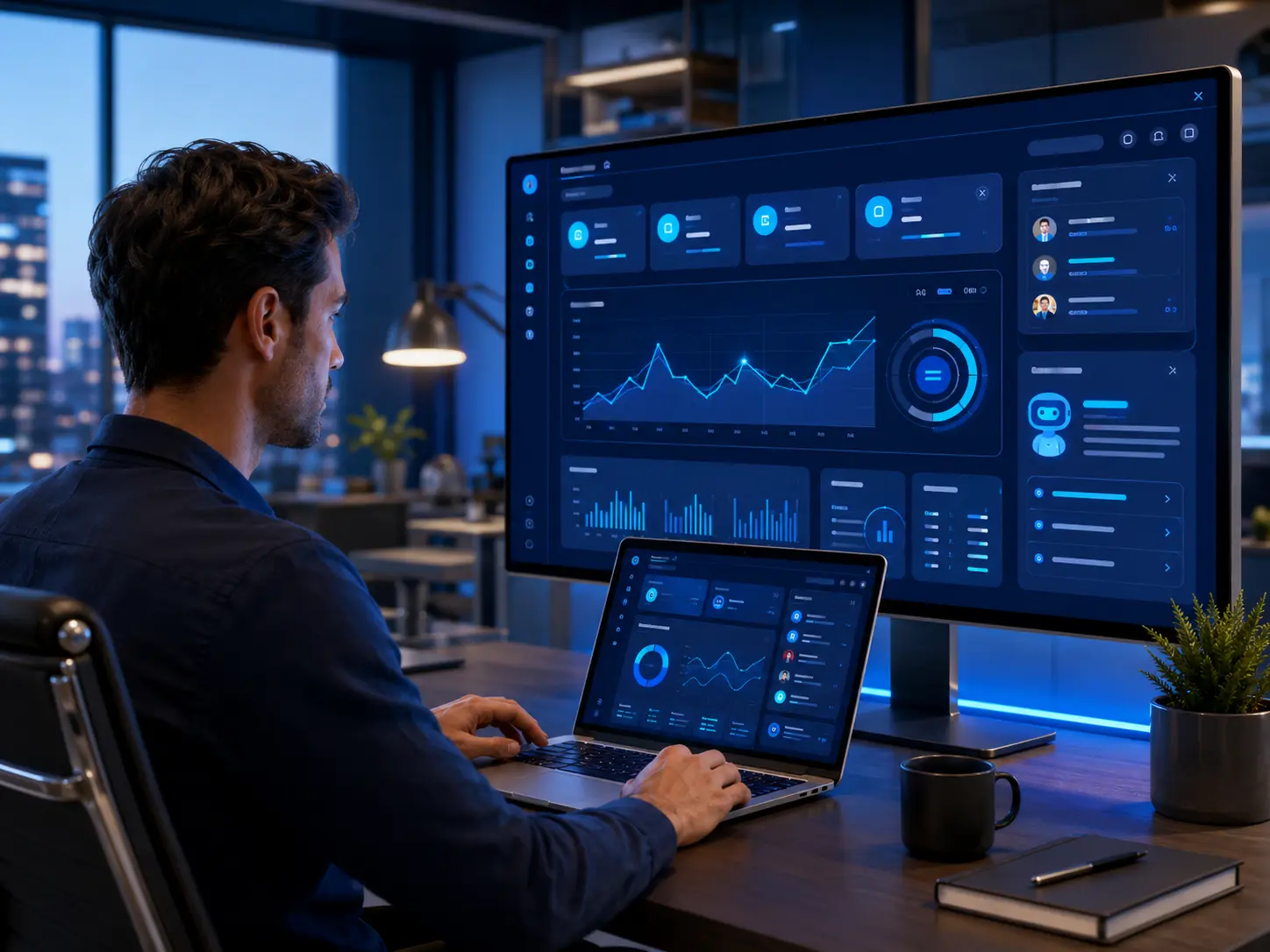 Modern office at dusk with tech dashboard