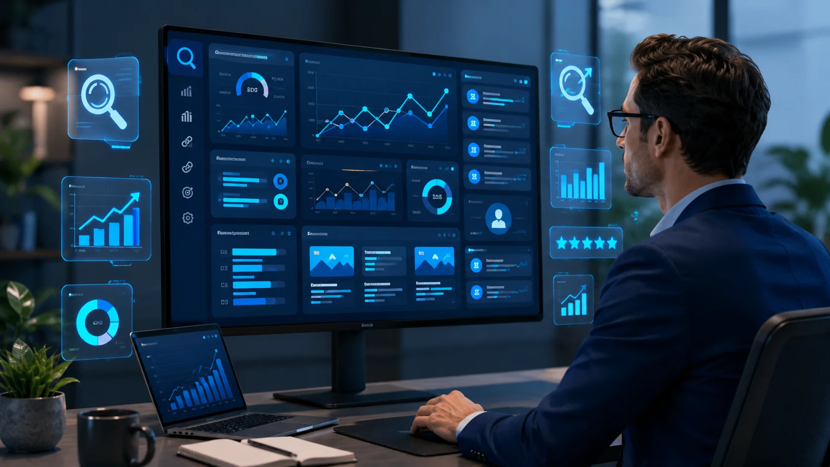 Modern office with dynamic analytics dashboard