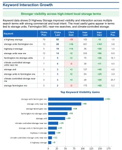 Figure 3. Top keyword visibility gains, led by “storage units Farmington MO” and “storage units near me.”